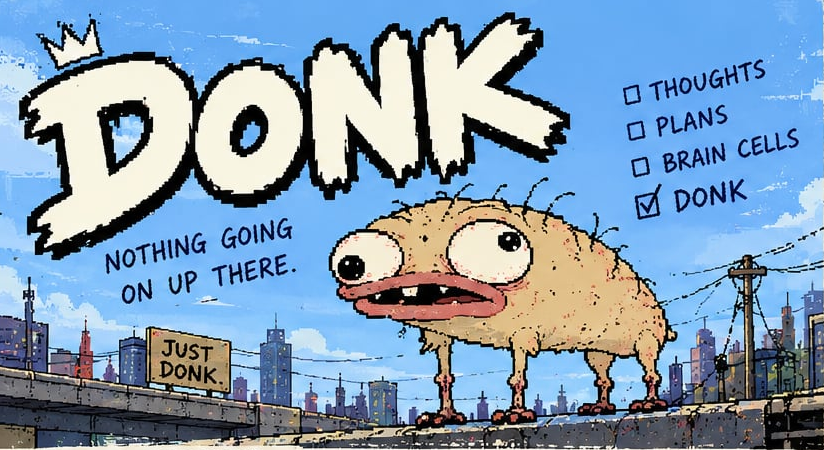DONK: nothing going on up there. Checklist: thoughts, plans, brain cells unchecked; DONK checked.